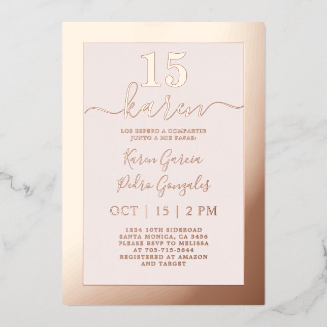 Real Rose Gold Quinceañera Invitation Foil  (Front)