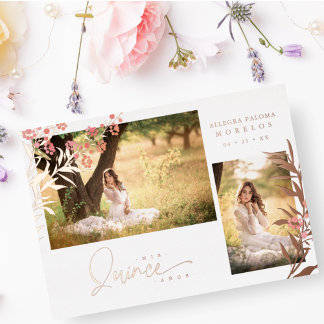 Real Rose Gold Quinceañera Trendy Branches Spanish Foil Invitation