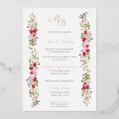 Real Rose Gold Red and Pink Floral Garland Initial Foil Invitation