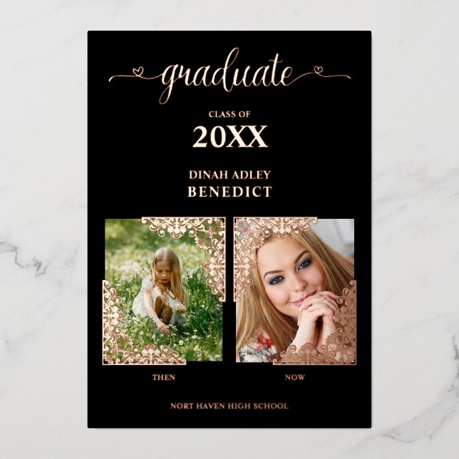 Real Rose Gold Romantic Then Now 2 Photos Graduate Foil Invitation (Front)