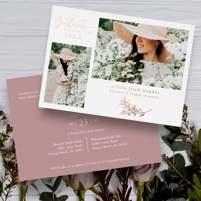 Real Rose Gold Trendy Branches Graduation 2 Photos Foil Invitation (Creator Uploaded)