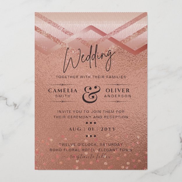 REAL ROSEGOLD FOIL All-in-1 Wedding QR Code Glam   Foil Invitation