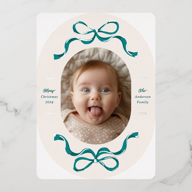 Real Silver and Turquoise Bows Oval Photo Holiday (Front)