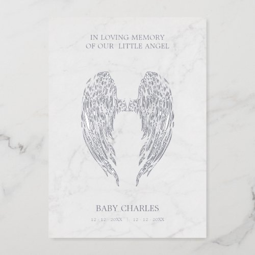 Real Silver Angel Wings on Marble Background Metal Foil Invitation