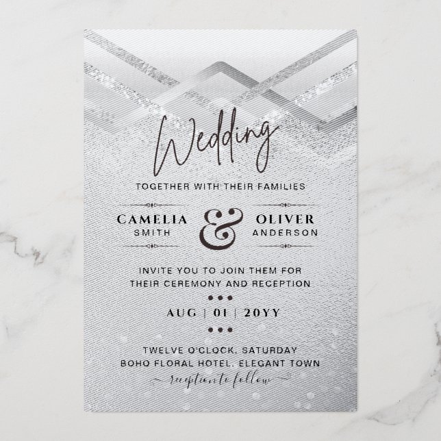 REAL SILVER FOIL All-in-1 Wedding QR Code Glam Foil Invitation (Front)