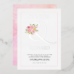 Real silver foil ampersand and pink roses wedding  foil invitation