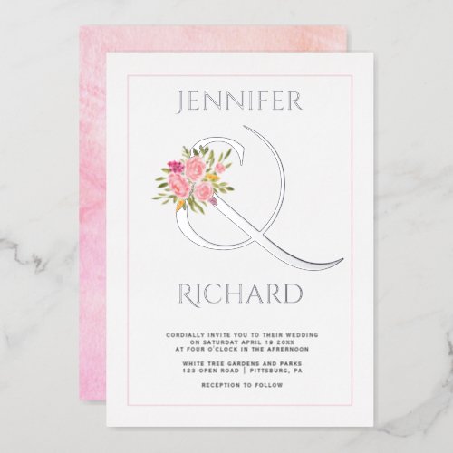 Real silver foil ampersand and pink roses wedding  foil invitation