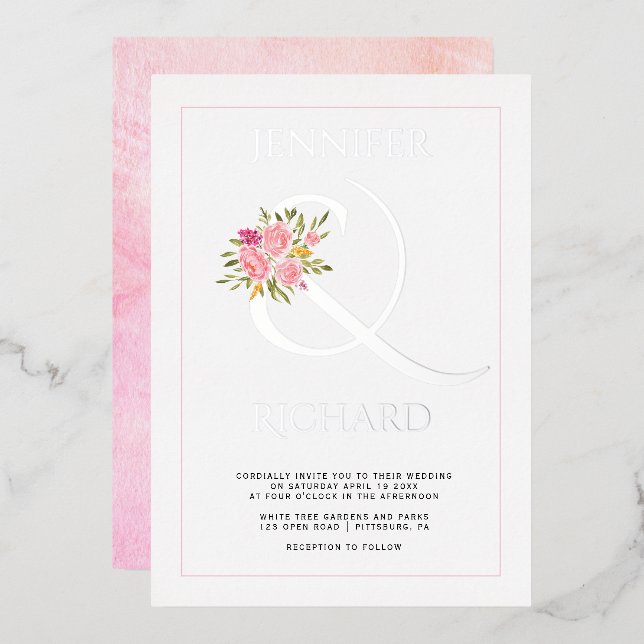 Real silver foil ampersand and pink roses wedding  foil invitation (Front/Back)