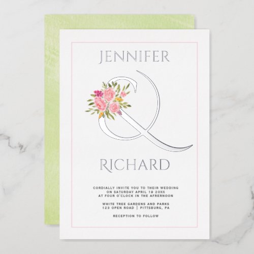 Real silver foil ampersand roses green wedding foil invitation