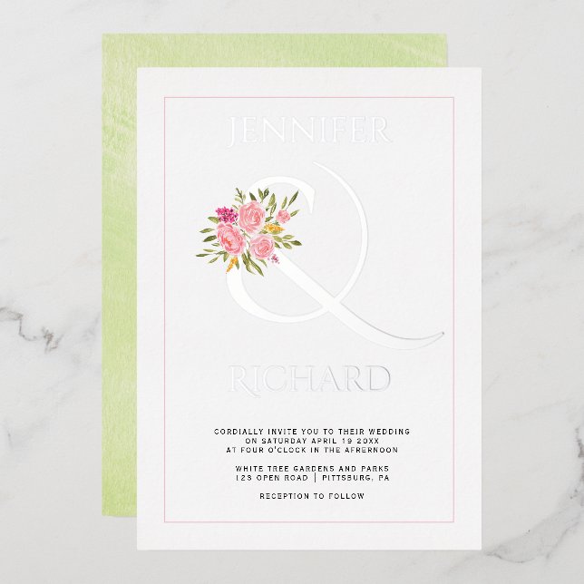 Real silver foil ampersand, roses green wedding foil invitation (Front/Back)