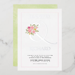Real silver foil ampersand, roses green wedding invitation