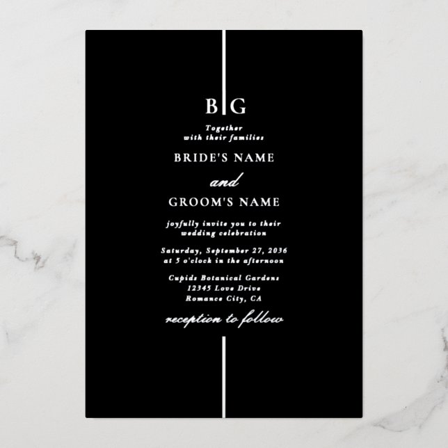 Real Silver Foil Black Elegant Monogram Wedding Foil Invitation (Front)