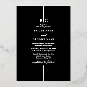Real Silver Foil Black Elegant Monogram Wedding Invitation