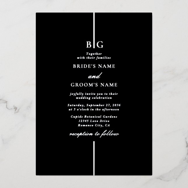 Real Silver Foil Black Elegant Monogram Wedding Invitation (Front)