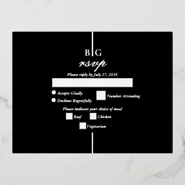 Real Silver Foil Black Monogram Wedding RSVP Foil Invitation Postcard (Front)