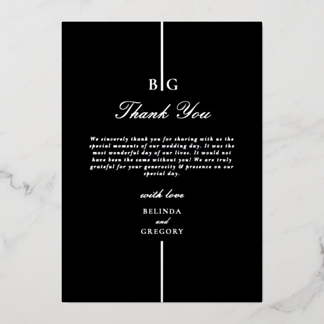 Real Silver Foil Black Monogram Wedding Thank You Invitation (Front)