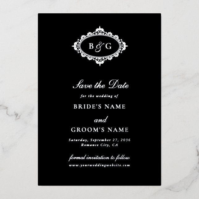 Real Silver Foil Black Wedding Save the Date  Invitation (Front)
