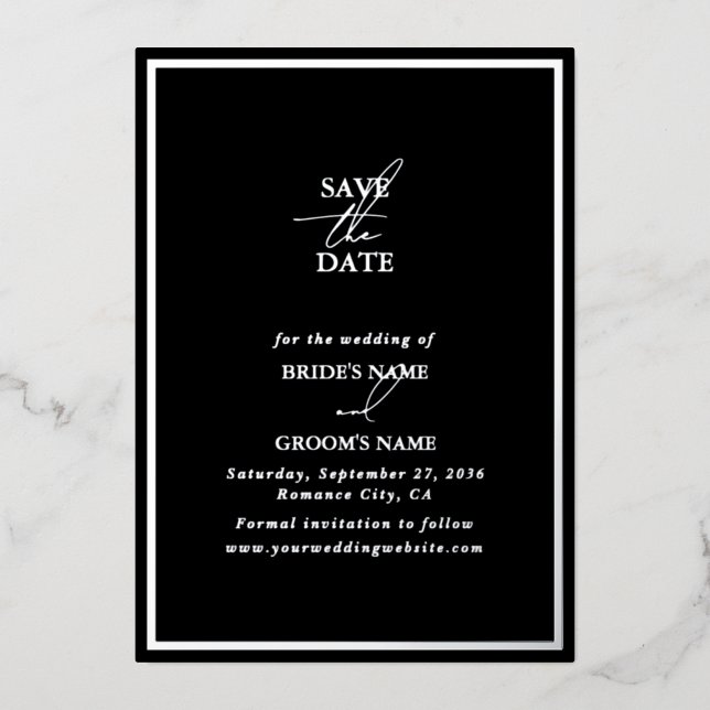 Real Silver Foil Black Wedding Save the Date Invitation (Front)