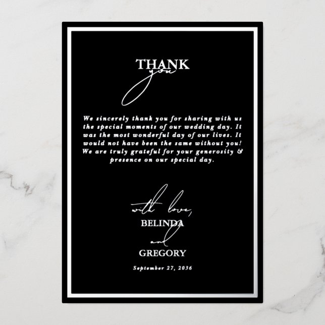Real Silver Foil Black Wedding Thank You Card (Front)