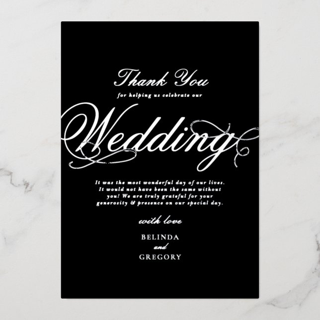 Real Silver Foil Black Wedding Thank You Invitation (Front)