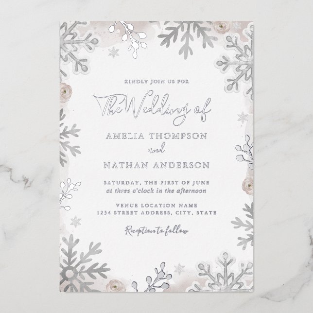 REAL SILVER FOIL Blush Snowflake Wedding  Foil Invitation (Front)