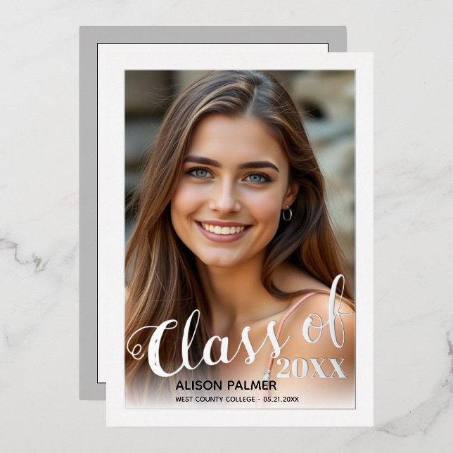 Real silver foil Class of 2026 script photo Invitation (Front/Back)