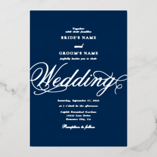Real Silver Foil Classy Luxury Blue Wedding Invitation
