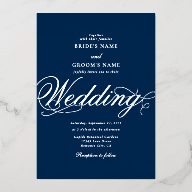 Real Silver Foil Classy Luxury Blue Wedding Invitation (Front)