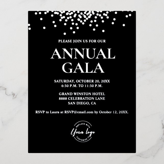  Real Silver foil confetti black Custom logo Gala Invitation Postcard (Front)