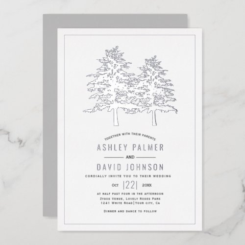 Real silver foil conifer trees winter wedding foil invitation