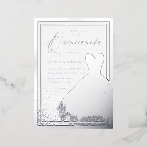Real Silver Foil Dress Gown Quinceanera Party Foil Invitation