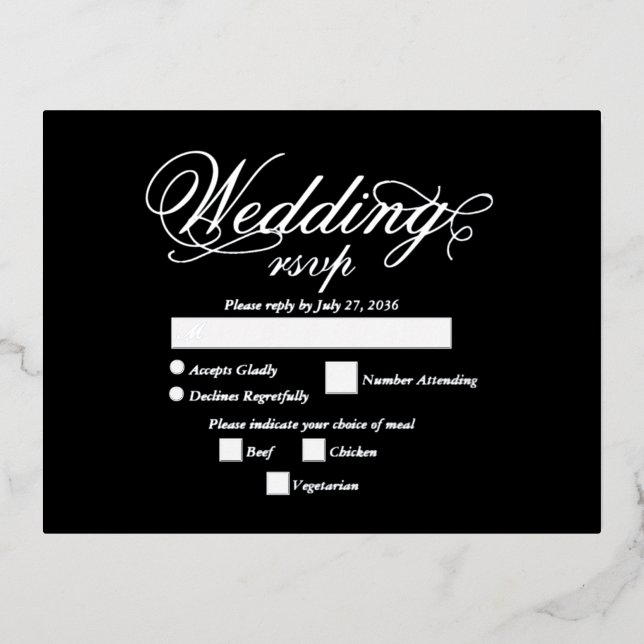 Real Silver Foil Elegant Luxury Black Wedding RSVP Invitation Postcard (Front)