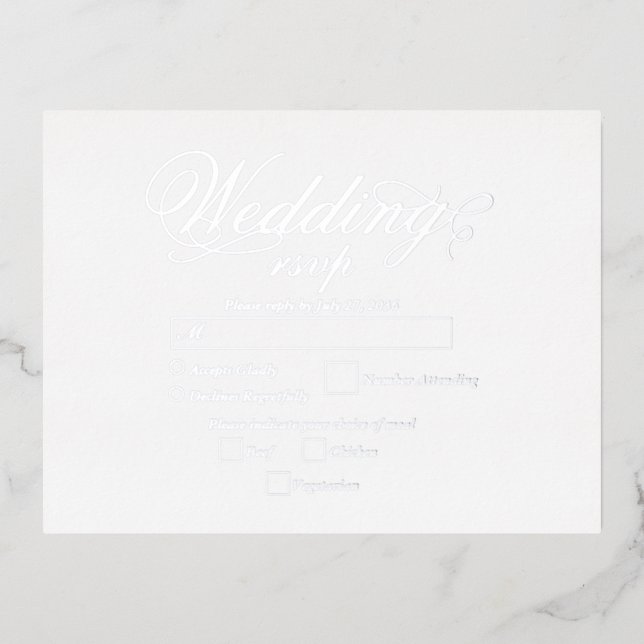 Real Silver Foil Elegant Luxury White Wedding RSVP Foil Invitation Postcard (Front)