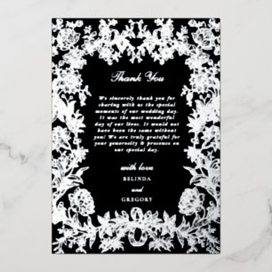 Real Silver Foil Floral Black Wedding Thank You Invitation