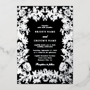 Real Silver Foil Floral Botanical Black Wedding Invitation