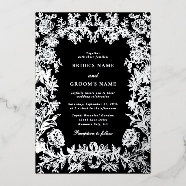 Real Silver Foil Floral Botanical Black Wedding Invitation (Front)