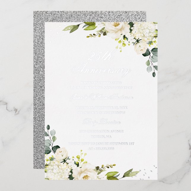 REAL SILVER FOIL Flower 25th Anniversary Foil Invitation (Front/Back)