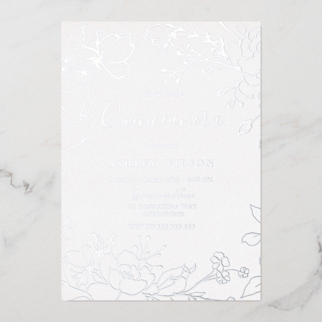 Real Silver Foil Flowers Elegant Quinceanera Party Foil Invitation (Front)
