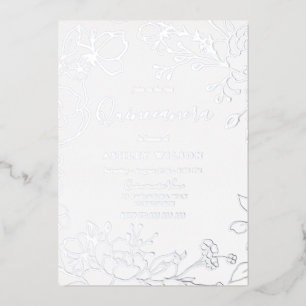 Real Silver Foil Flowers Elegant Quinceanera Party Invitation