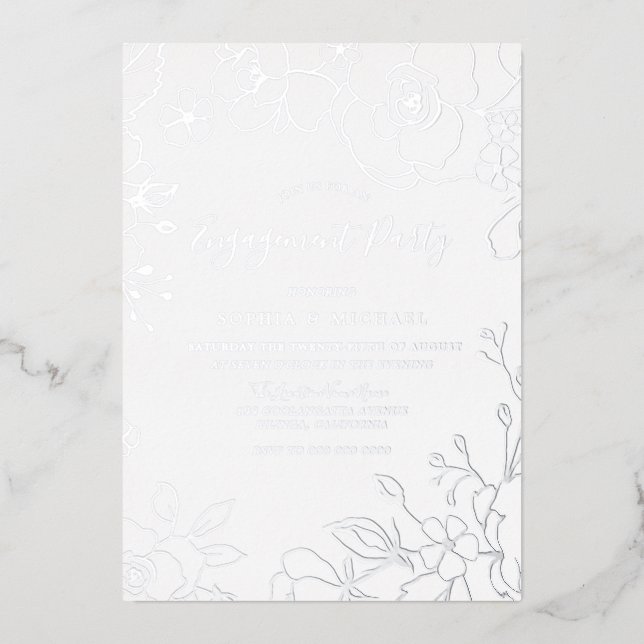 Real Silver Foil Flowers Engagement Party Elegant Foil Invitation (Front)