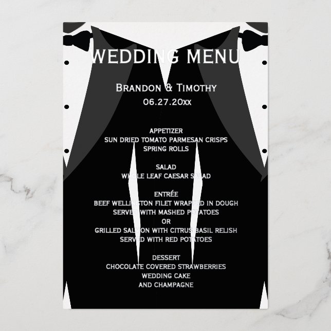 Real Silver Foil Gay Wedding Menu Card (Front)