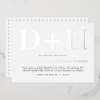 Real silver foil initials bold typography wedding invitation