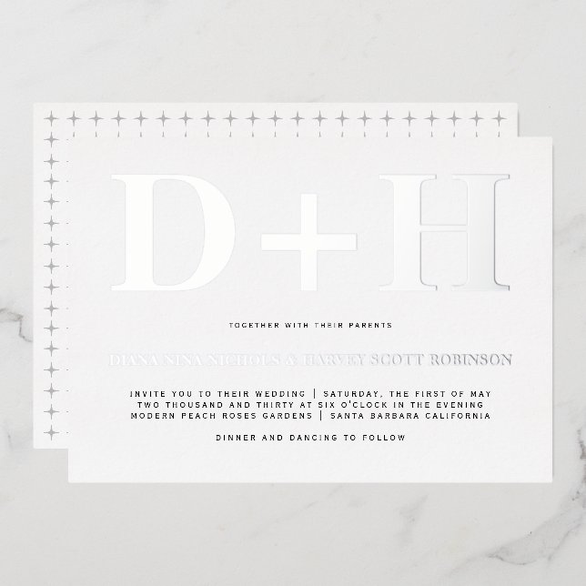 Real silver foil initials bold typography wedding invitation (Front/Back)