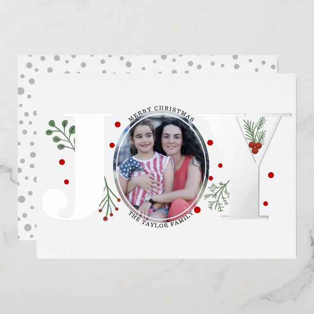 Real silver foil Joy with berries Christmas photo Foil Holiday Card (Front/Back)