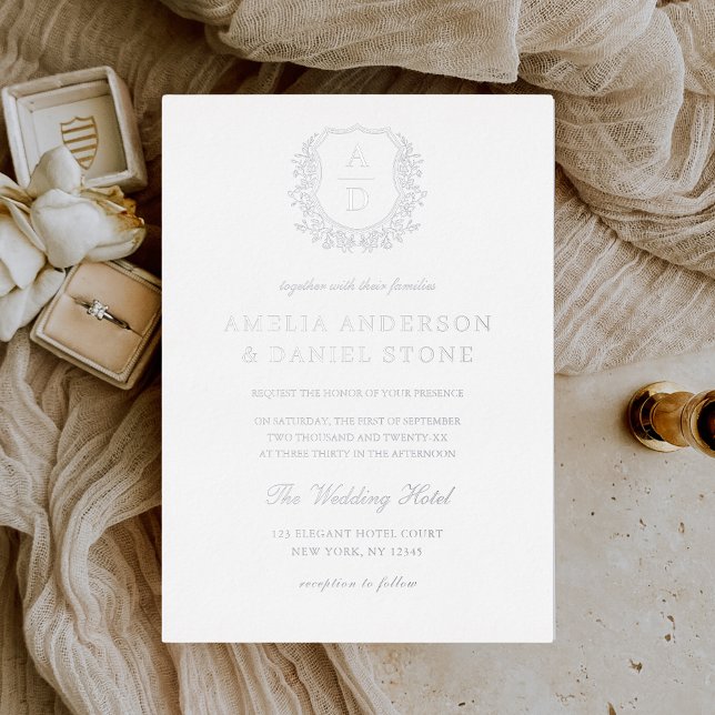 Real Silver Foil Leafy Crest Monogram Wedding Invitation (Creator Uploaded)
