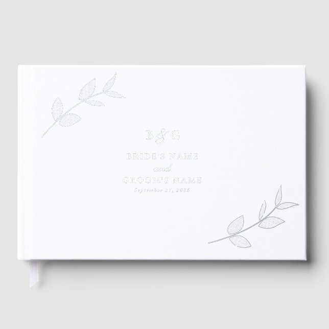 Real Silver Foil Leaves Elegant Monogram Wedding Guest Book (Front)