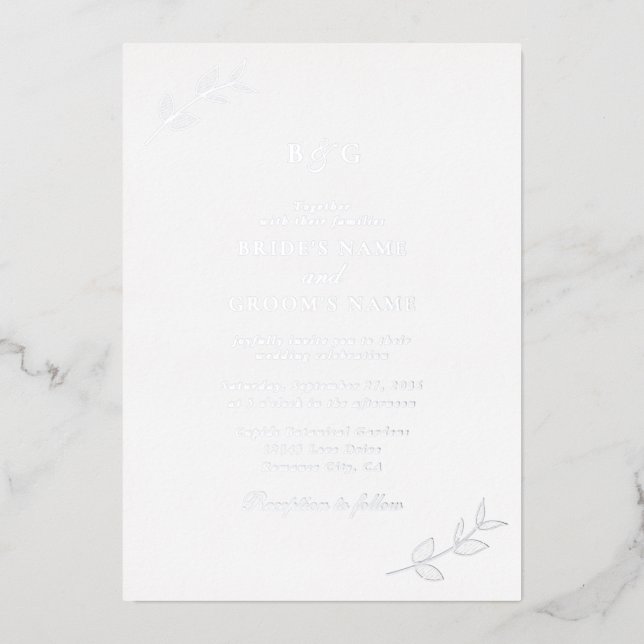 Real Silver Foil Leaves Elegant Monogram Wedding Invitation (Front)