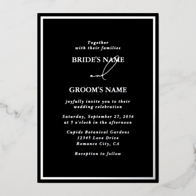 Real Silver Foil Modern Black & Silver Wedding Invitation (Front)