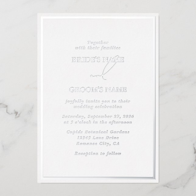 Real Silver Foil Modern White & Silver Wedding Foil Invitation (Front)