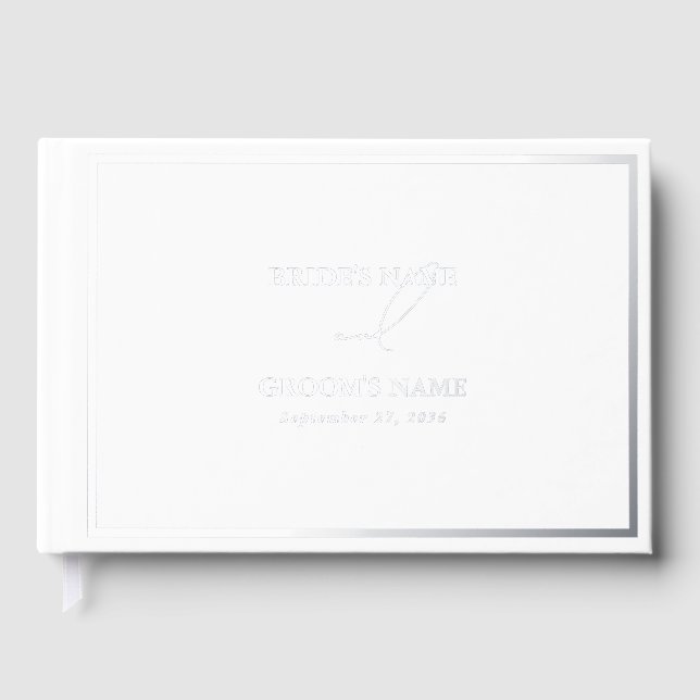 Real Silver Foil Modern White Wedding Guest Book (Front)